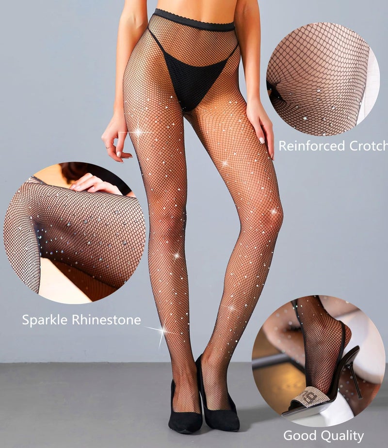 MengPa Women's Fishnets Sparkly Tights High Waist Rhinestone Stockings Party Thigh High Pantyhose (Small Hole-Black) US2466A - Image 4